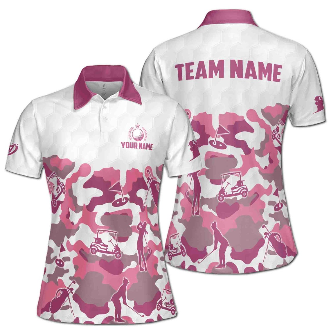 Custom Name Team Name Pink Camouflage Pattern Golf Women's Polo Shirt (S-5XL)