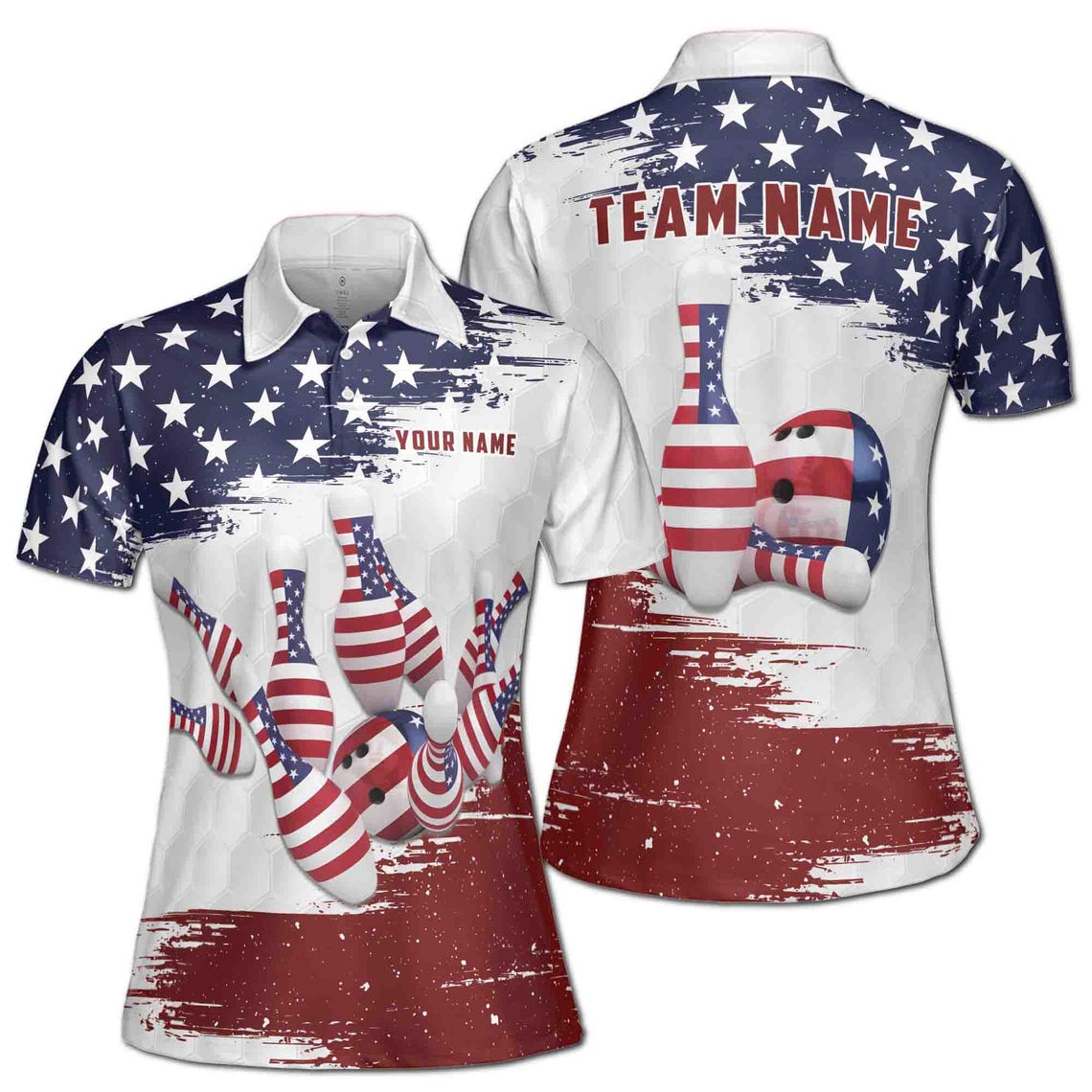Customize Name Team Name American Flag Grunge Bowling Women's Polo Shirt (S-5XL)