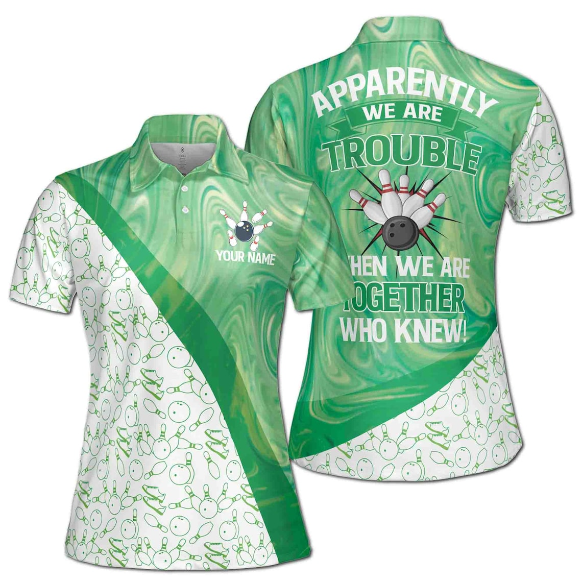 Customize Name Team Name Bowling Player Green Marble Women's Polo Shirt (S-5XL)