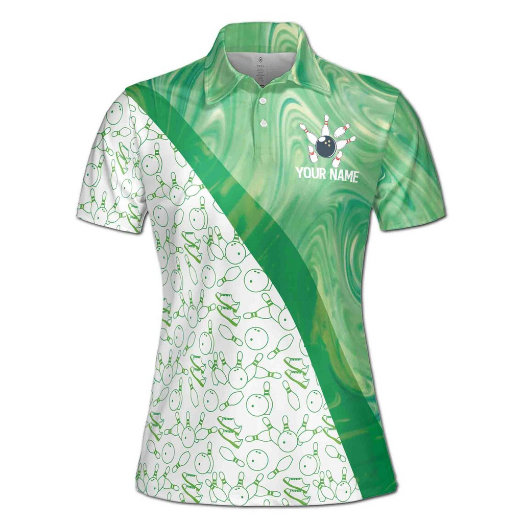 Customize Name Team Name Bowling Player Green Marble Women's Polo Shirt (S-5XL)