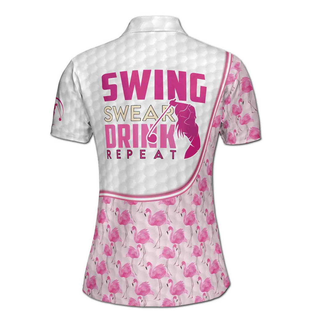 Custom Name Pink Flamingo Swing Swear Drink Repeat Golf Women's Polo Shirt (S-5XL)