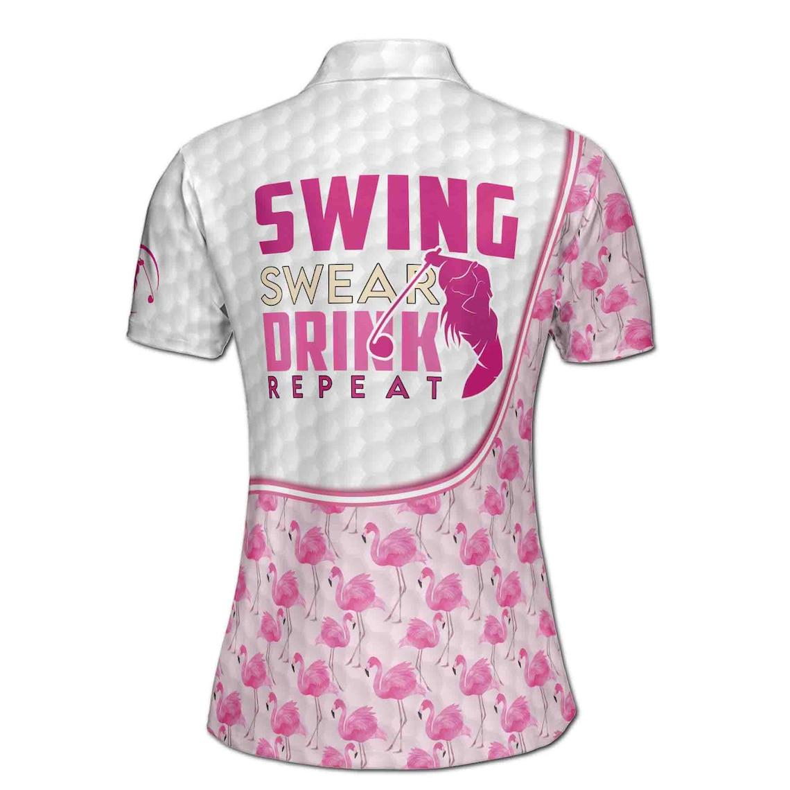 Custom Name Pink Flamingo Swing Swear Drink Repeat Golf Women's Polo Shirt (S-5XL)