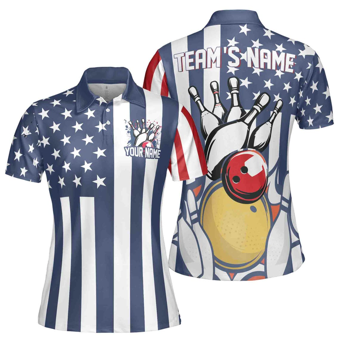 Custom Name, Team Name Bowling Ball American Flag Women's Polo Shirt (S-5XL)