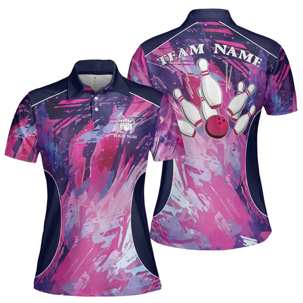 Custom Name Bowling Team Women's Polo Shirt: Colorful Splash Design
