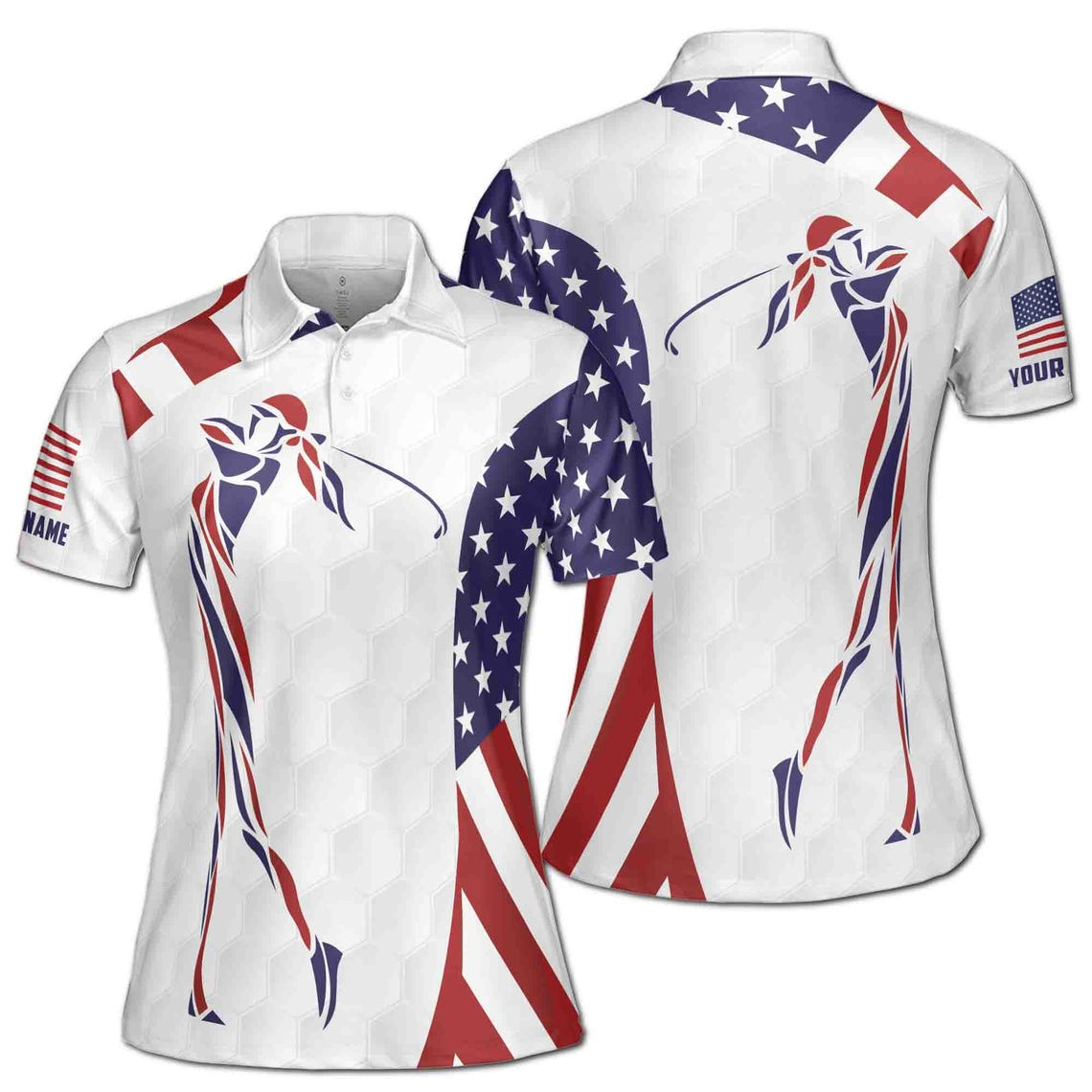 Custom Name White American Flag Patriot Golf Women's Polo Shirt (S-5XL)
