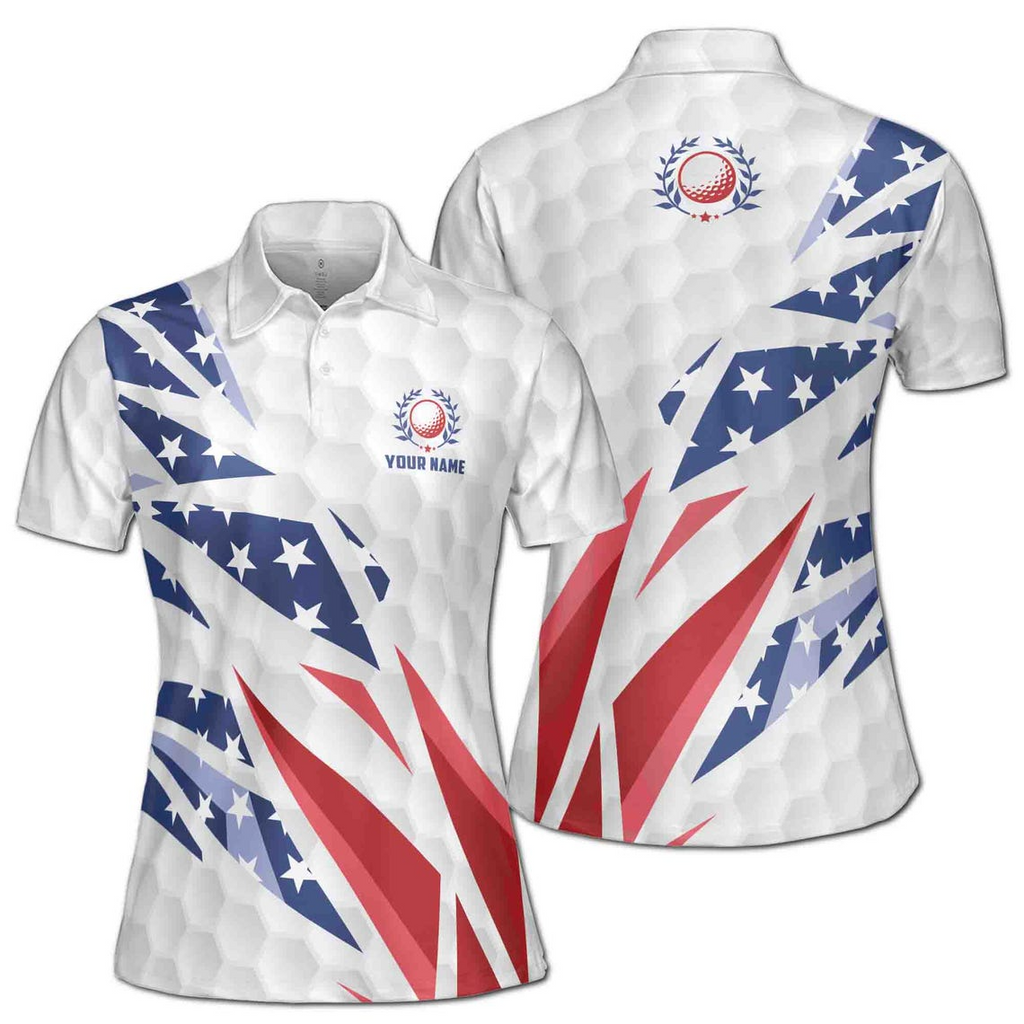 Custom Name Patriotic American Flag Golfer Love Golf Women's Polo Shirt (S-5XL)