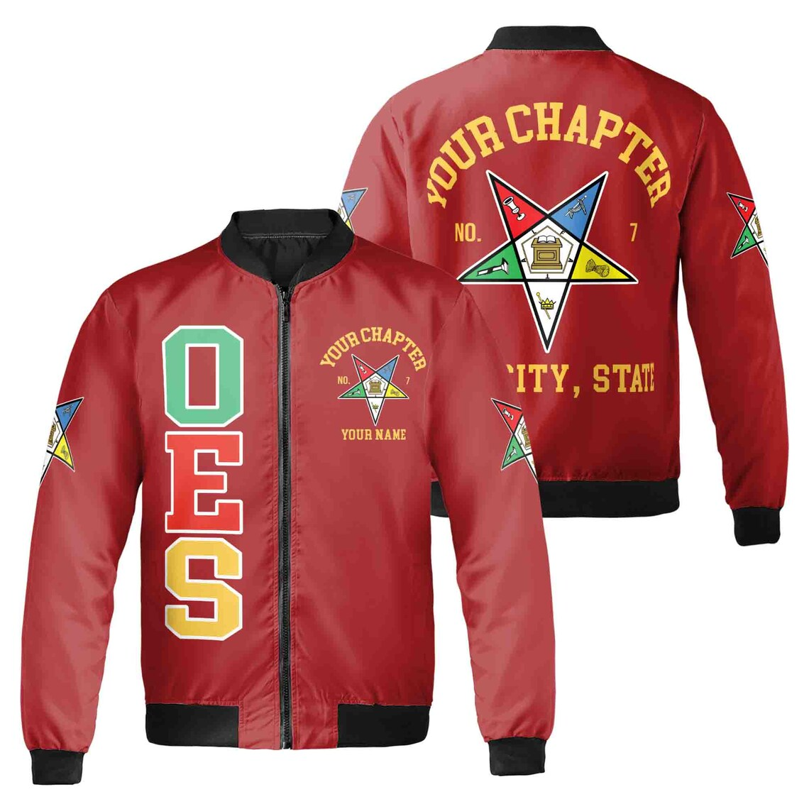 Custom Name Chapter Order of the Eastern Star OES Pentagon Up Unisex Bomber Jacket