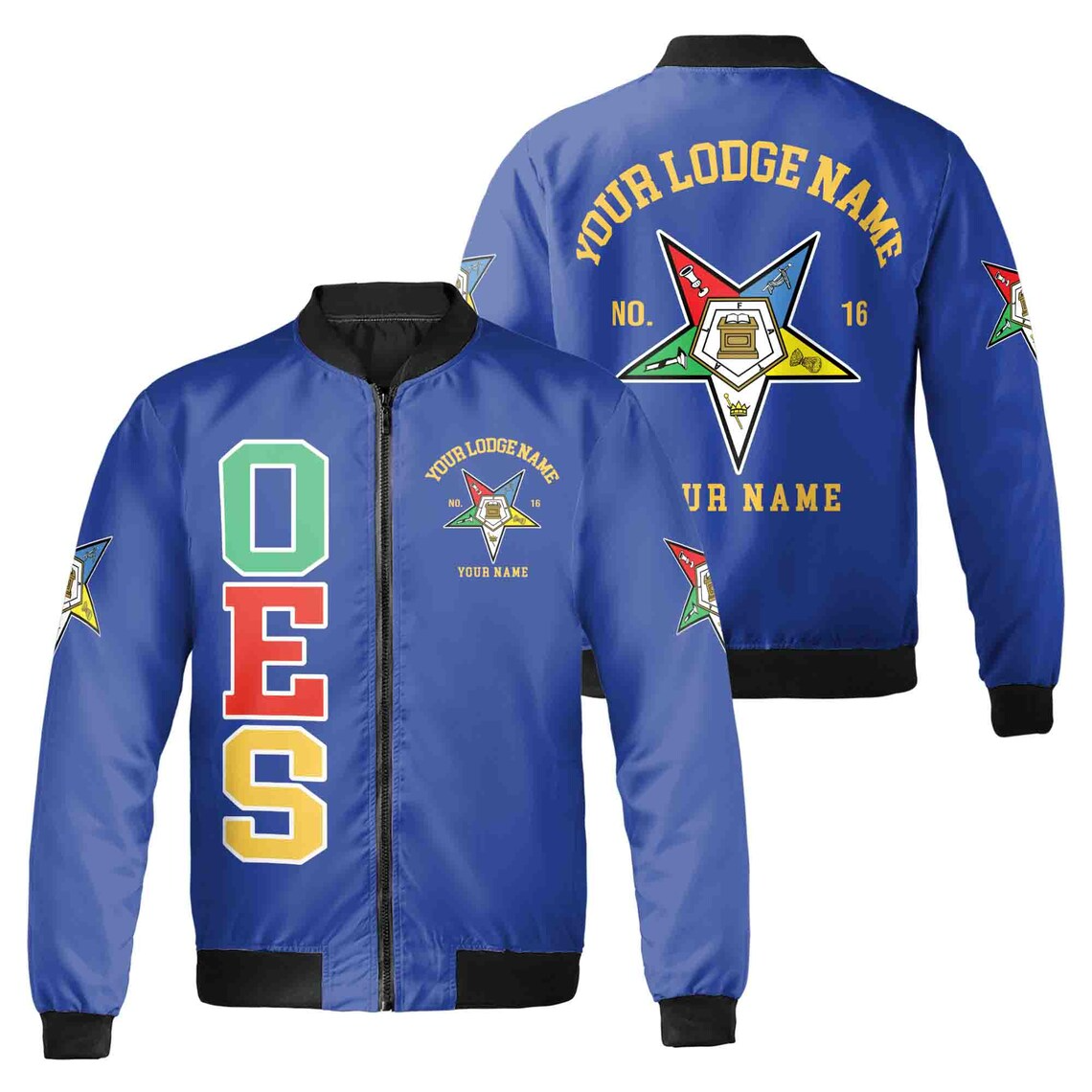 Custom Order of the Eastern Star OES Pentagon Down Logo Bomber Jacket (S-5XL)
