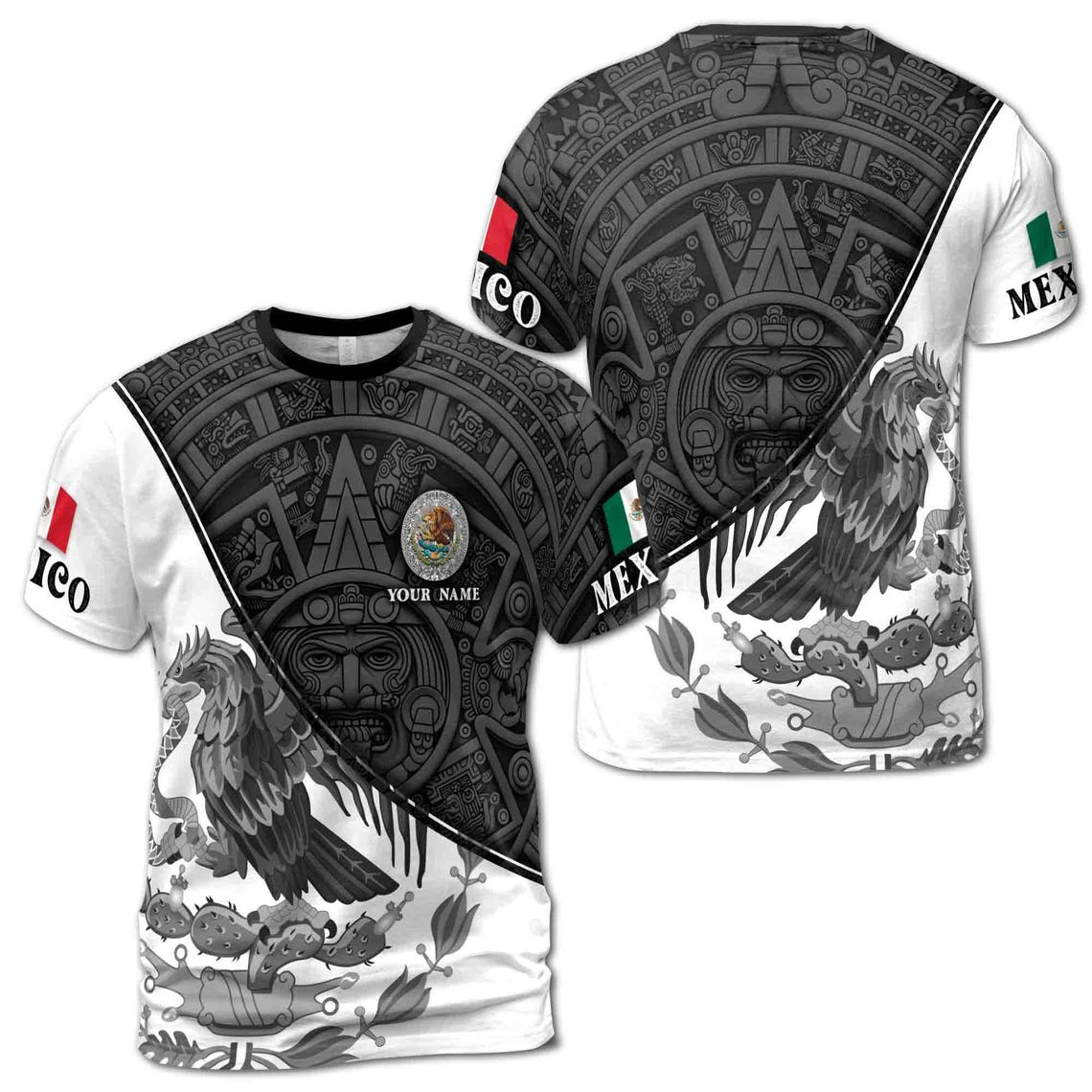 Custom Name Mexico Tribal Aztec Eagle Coat of Arms Men's 3D T-shirt S-5XL