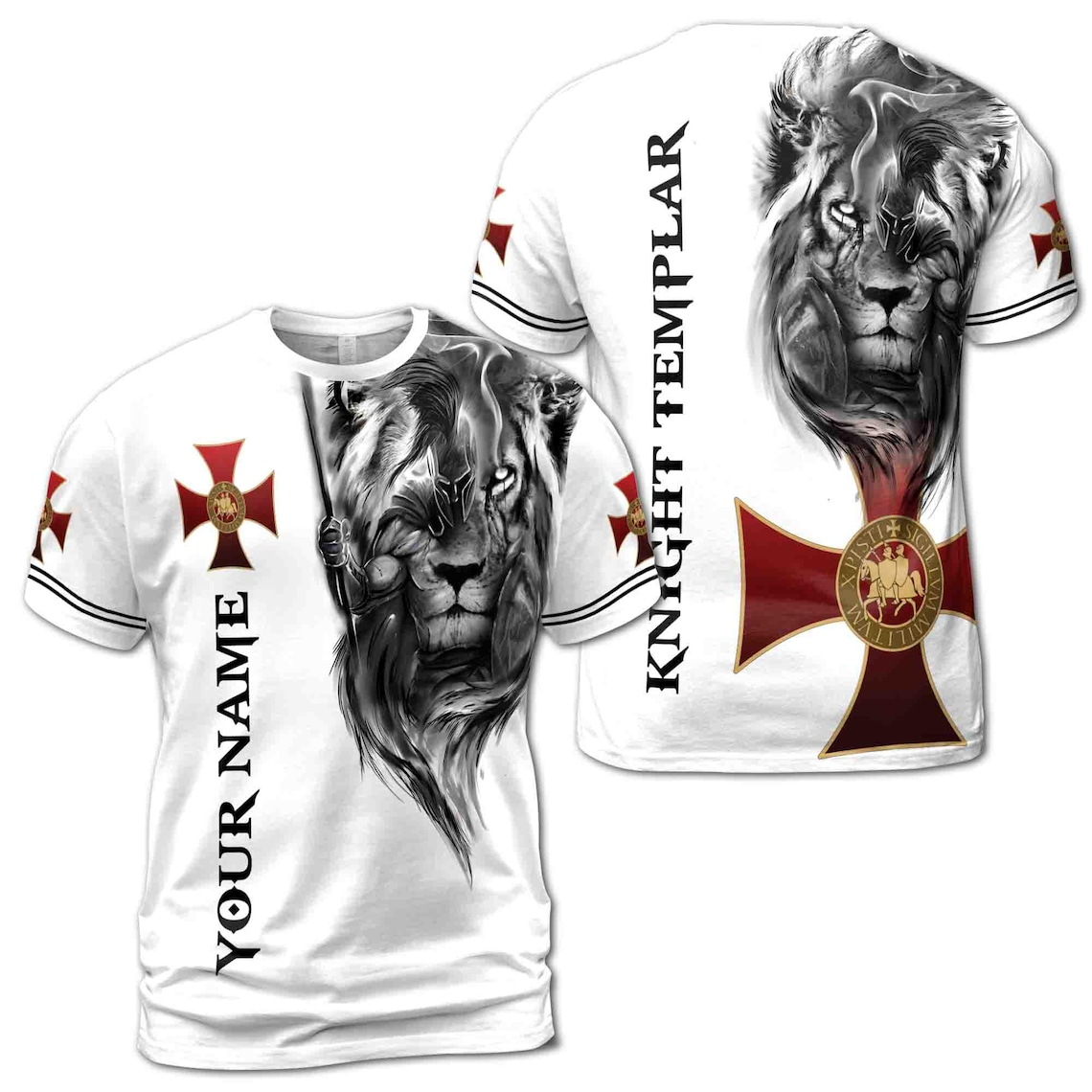 Custom Name Religious Lion Knight Templar Jesus Christ 3D T-Shirt (S-5XL)