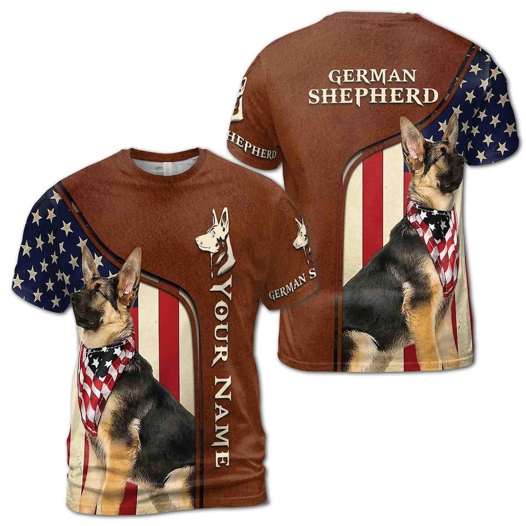 Custom Name German Shepherd With USA Flag Leather Pattern Men's 3D T-shirt S-5XL