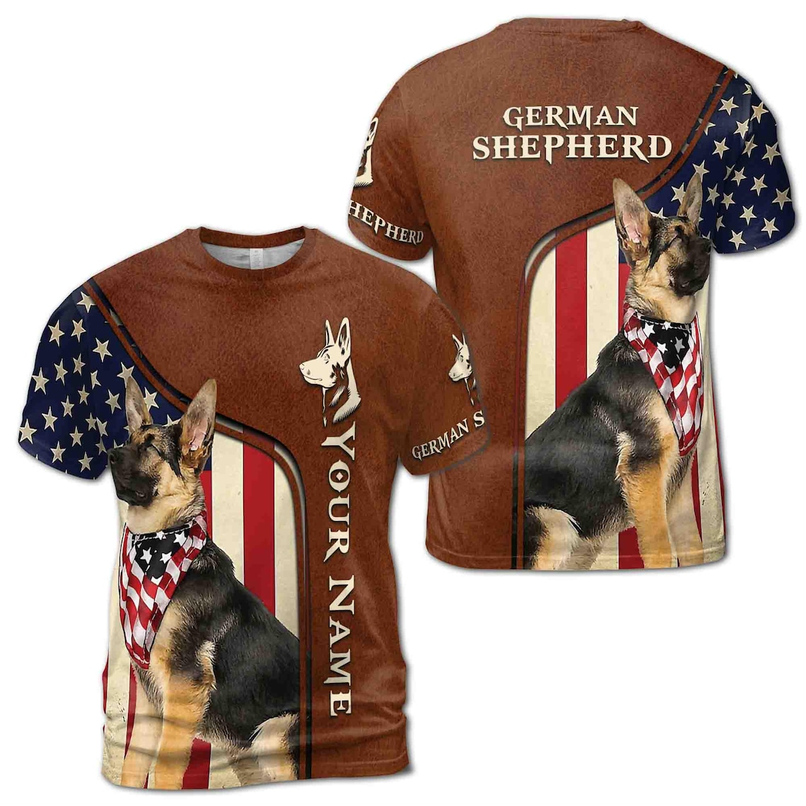 Custom Name German Shepherd With USA Flag Leather Pattern Men's 3D T-shirt S-5XL
