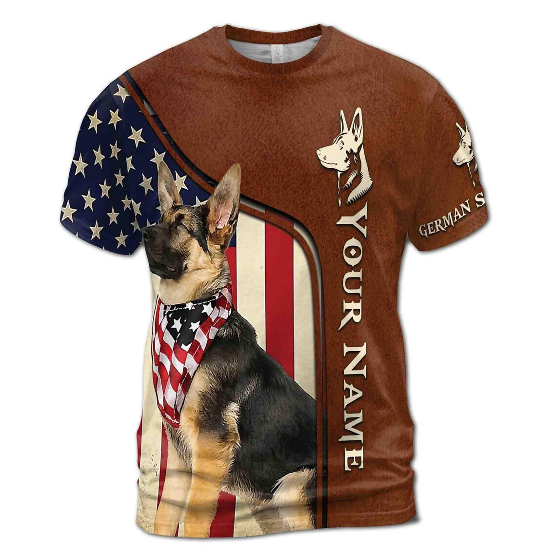 Custom Name German Shepherd With USA Flag Leather Pattern Men's 3D T-shirt S-5XL