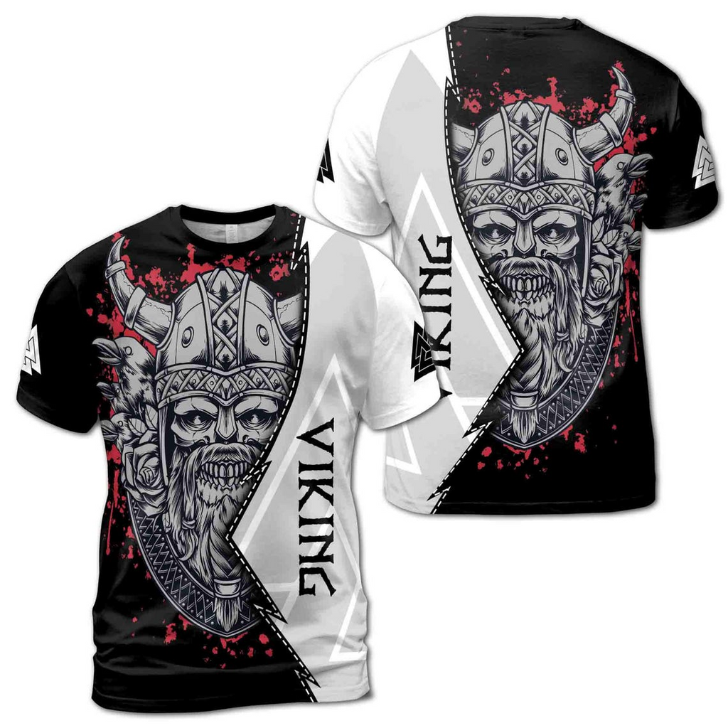 Viking Valhalla Skull Odin God Norse Mythology Tribal Pattern 3D T-Shirt S-5XL