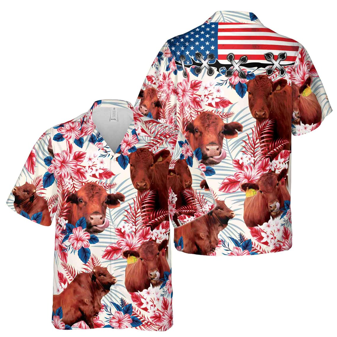 Red Angus Cattle Lovers American Flag Hawaiian Shirts (S-5XL)