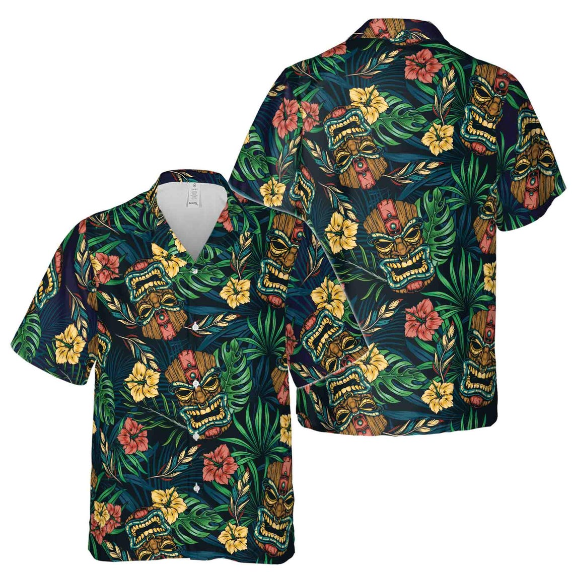 Floral Tiki Mask Tropical Forest Aloha Hawaiian Shirt Size (S-5XL)
