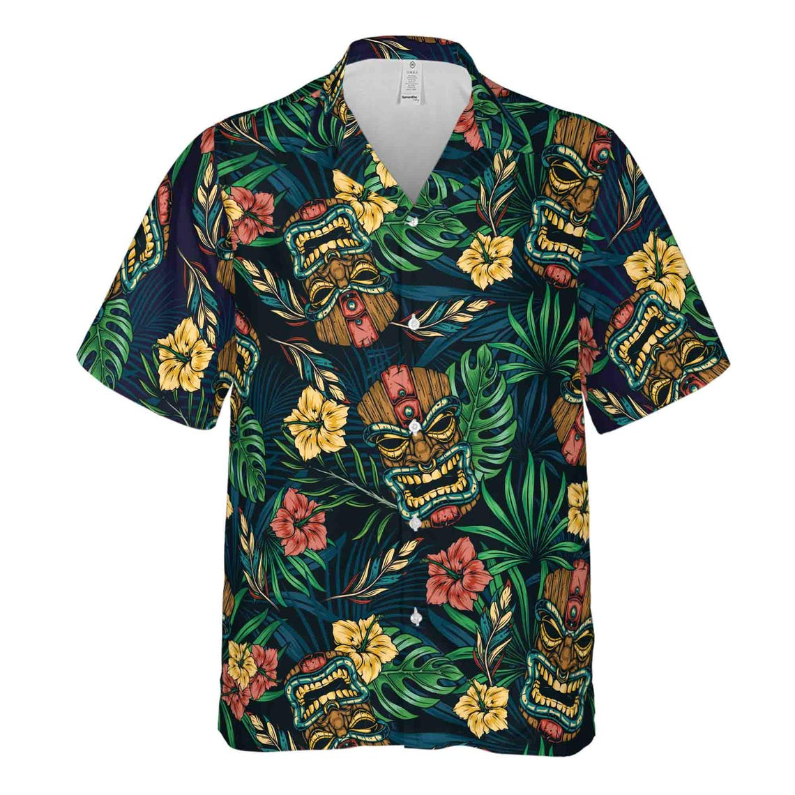 Floral Tiki Mask Tropical Forest Aloha Hawaiian Shirt Size (S-5XL)