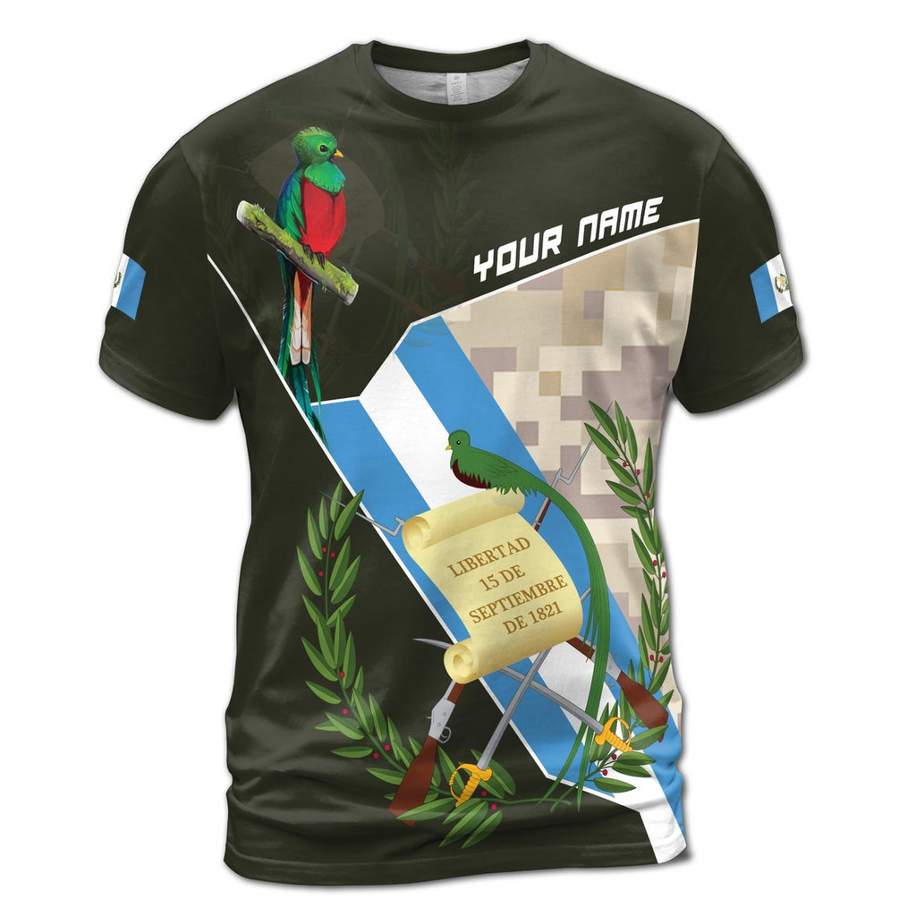 Custom Name Guatemala Flag and Parrot Design T-Shirt Olive Green Color, Unisex 3D T-Shirt S-5XL