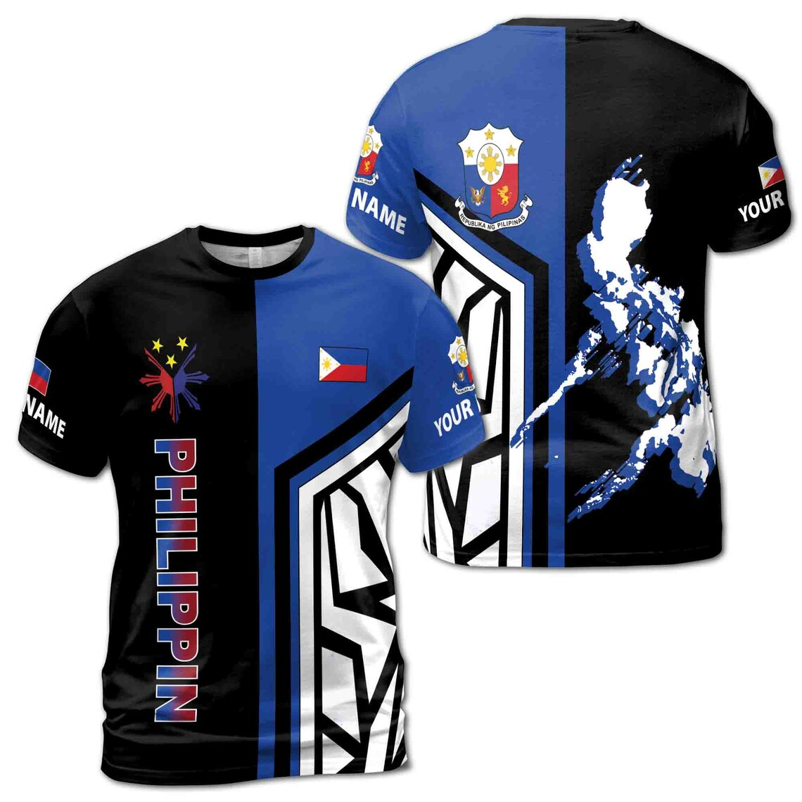 Custom Name Philippine Flag and Map Design Unisex 3D T-Shirt S-5XL