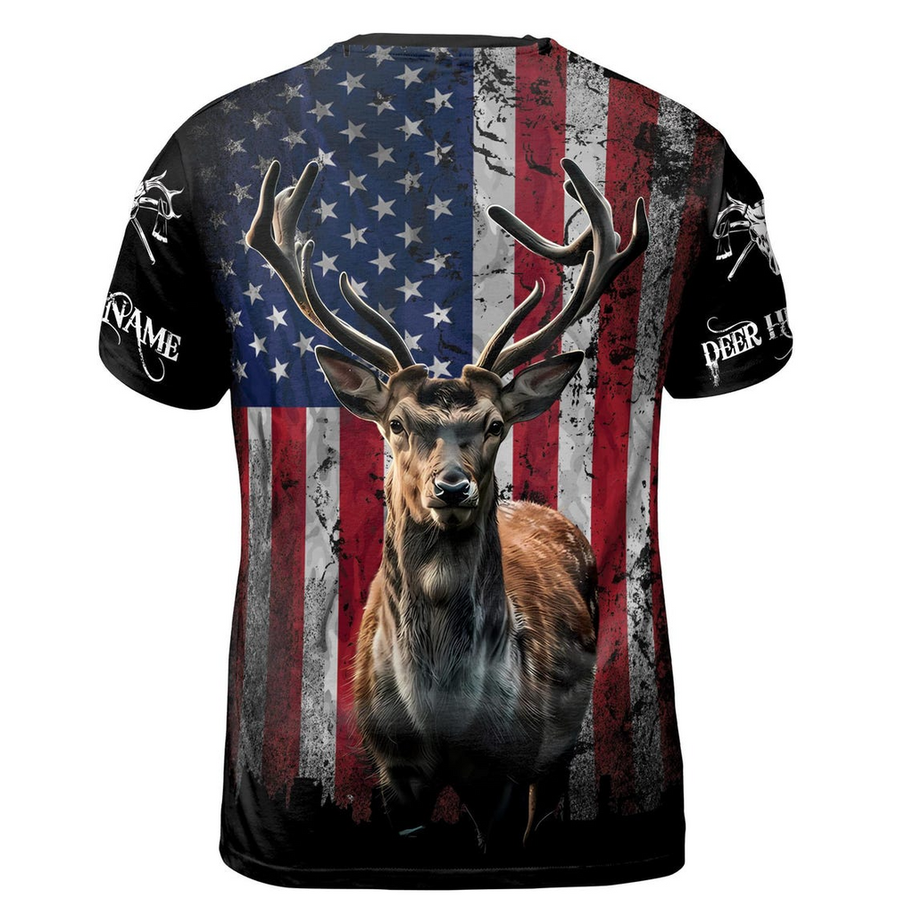 Custom Name Hunting Deer American Patriotic Unisex 3D T-Shirt S-5XL