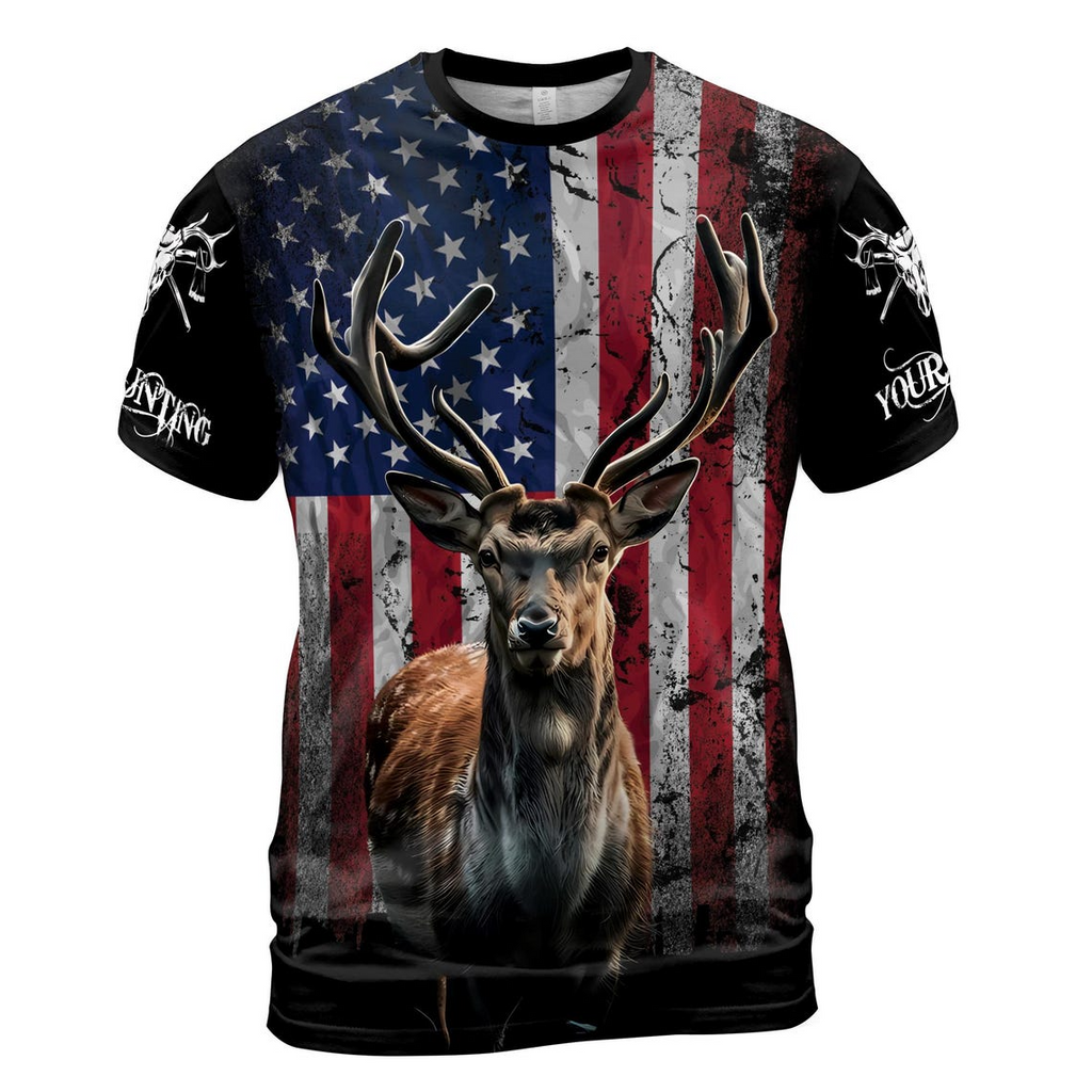 Custom Name Hunting Deer American Patriotic Unisex 3D T-Shirt S-5XL