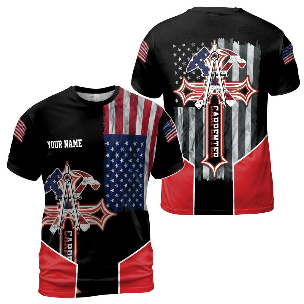 Custom Name Carpenter Hammer Pliers American Flag Unisex 3D T-Shirt S-5XL