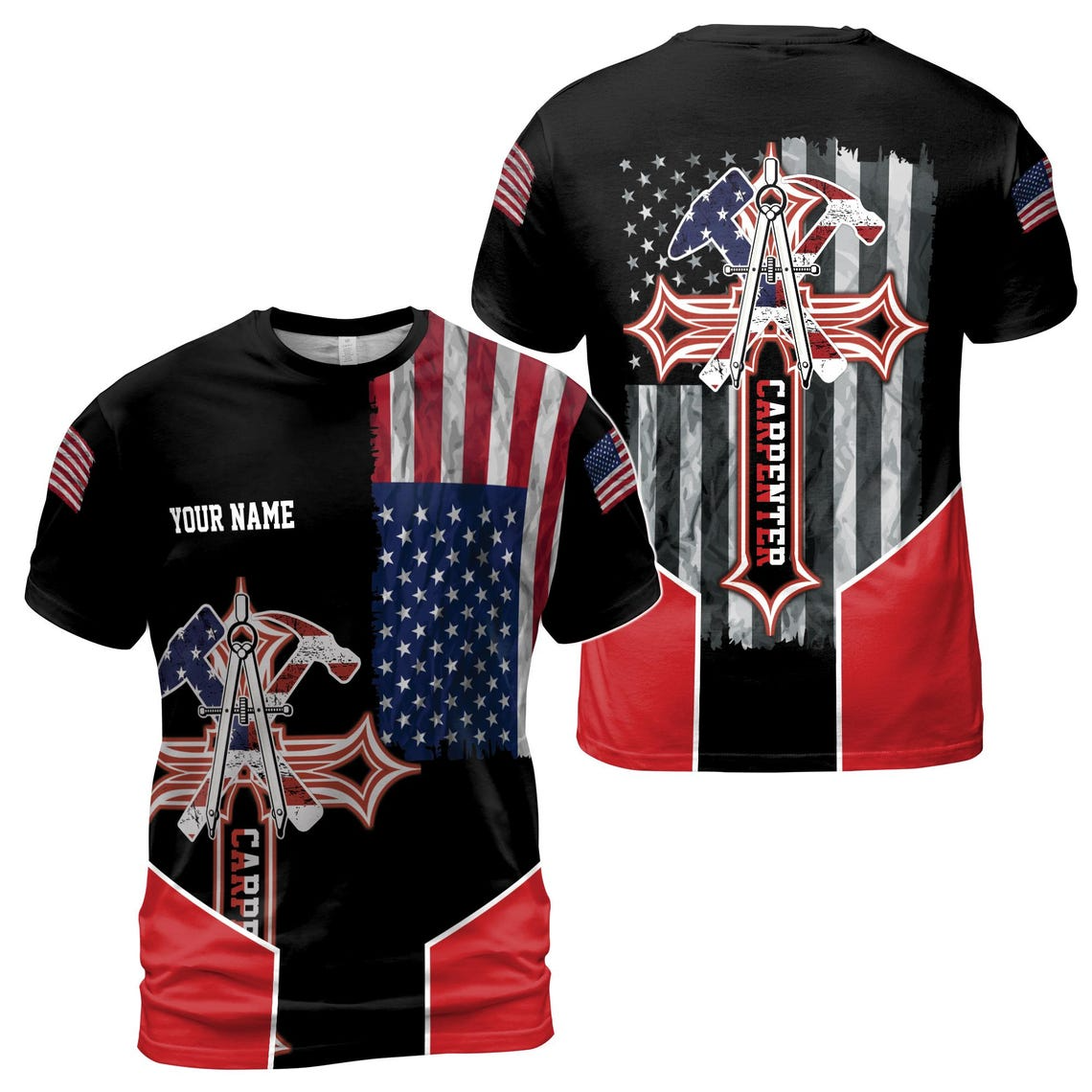 Custom Name Carpenter Hammer Pliers American Flag Unisex 3D T-Shirt S-5XL