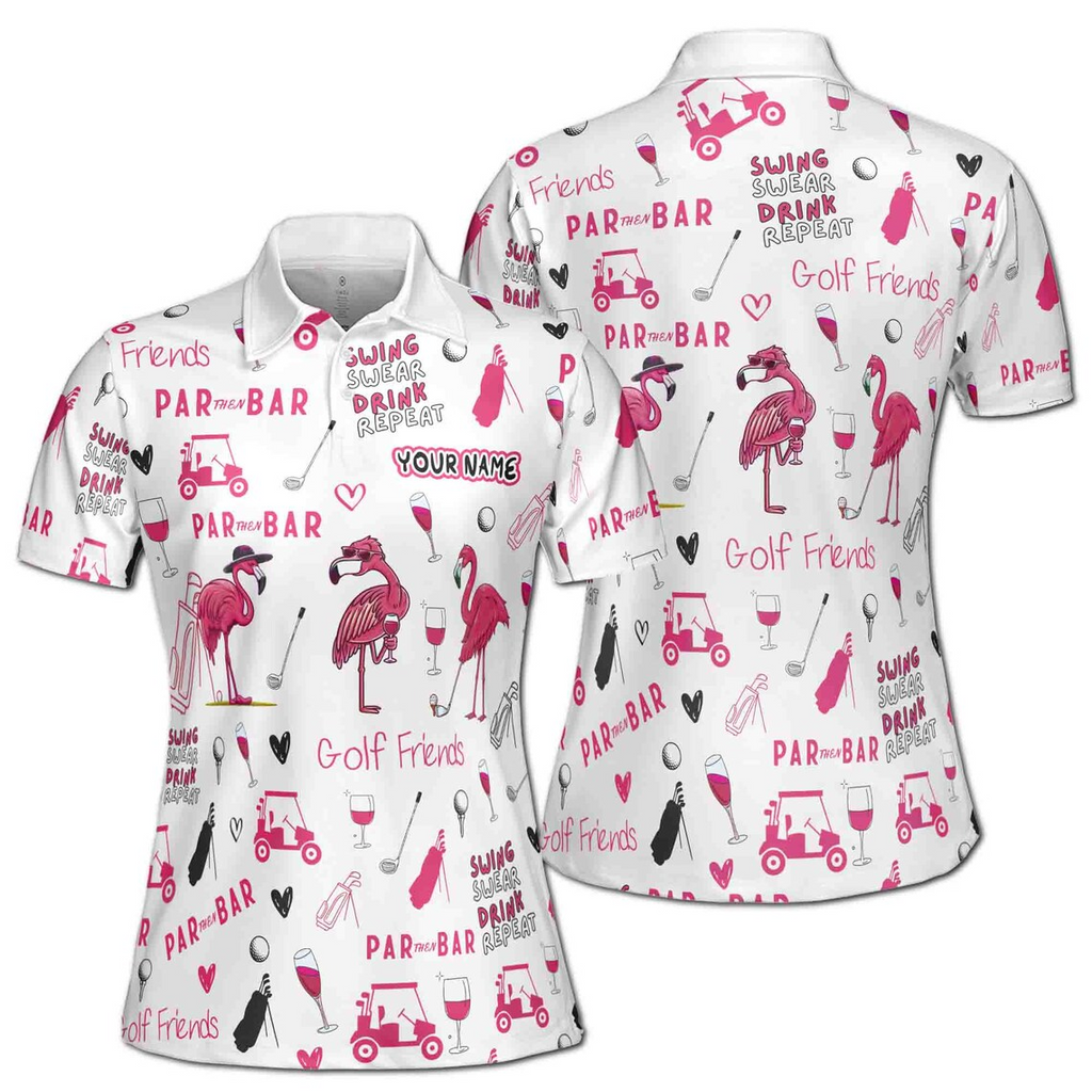 Custom Name Funny Flamingo Plays Golf Par Then Bar Women's Polo (S-5XL)