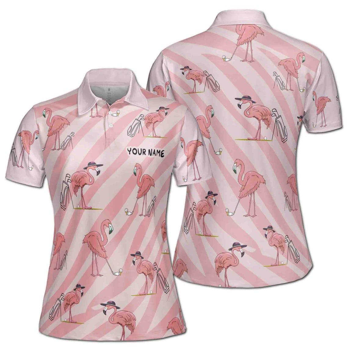 Custom Name Pink Golf Polo with Flamingo Women's Polo (S-5XL)