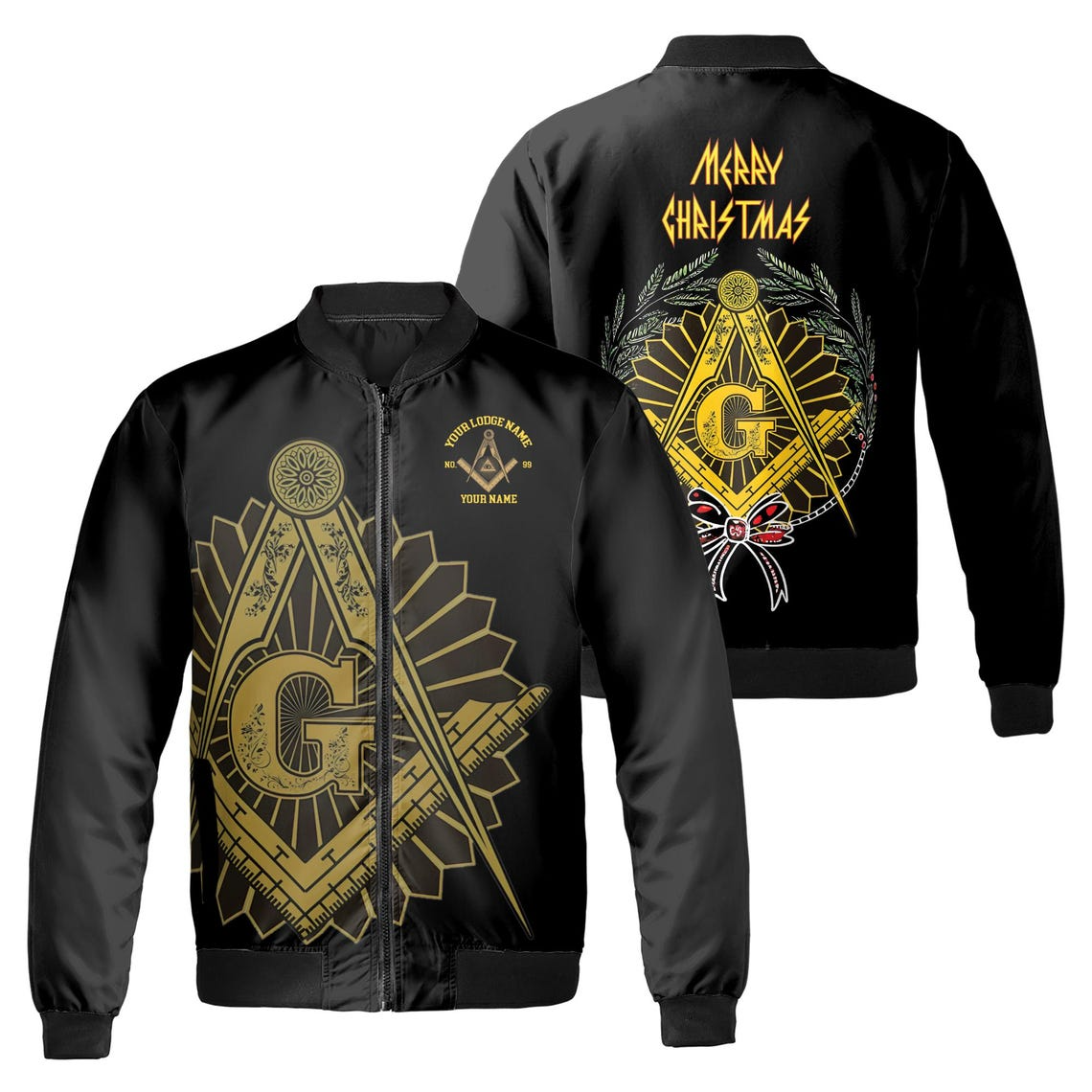 Customized Mason with Red Bow Pine Tree Merry Christmas Freemason Bomber Jacket (S-5XL)