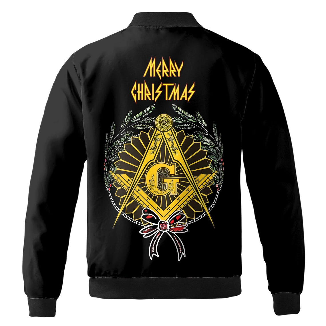 Customized Mason with Red Bow Pine Tree Merry Christmas Freemason Bomber Jacket (S-5XL)