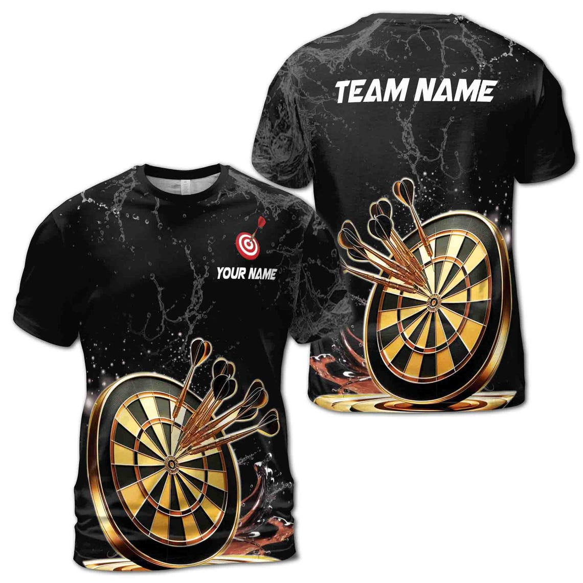 Custom Name Golden Darts Team Black 3D T-Shirt S-5XL