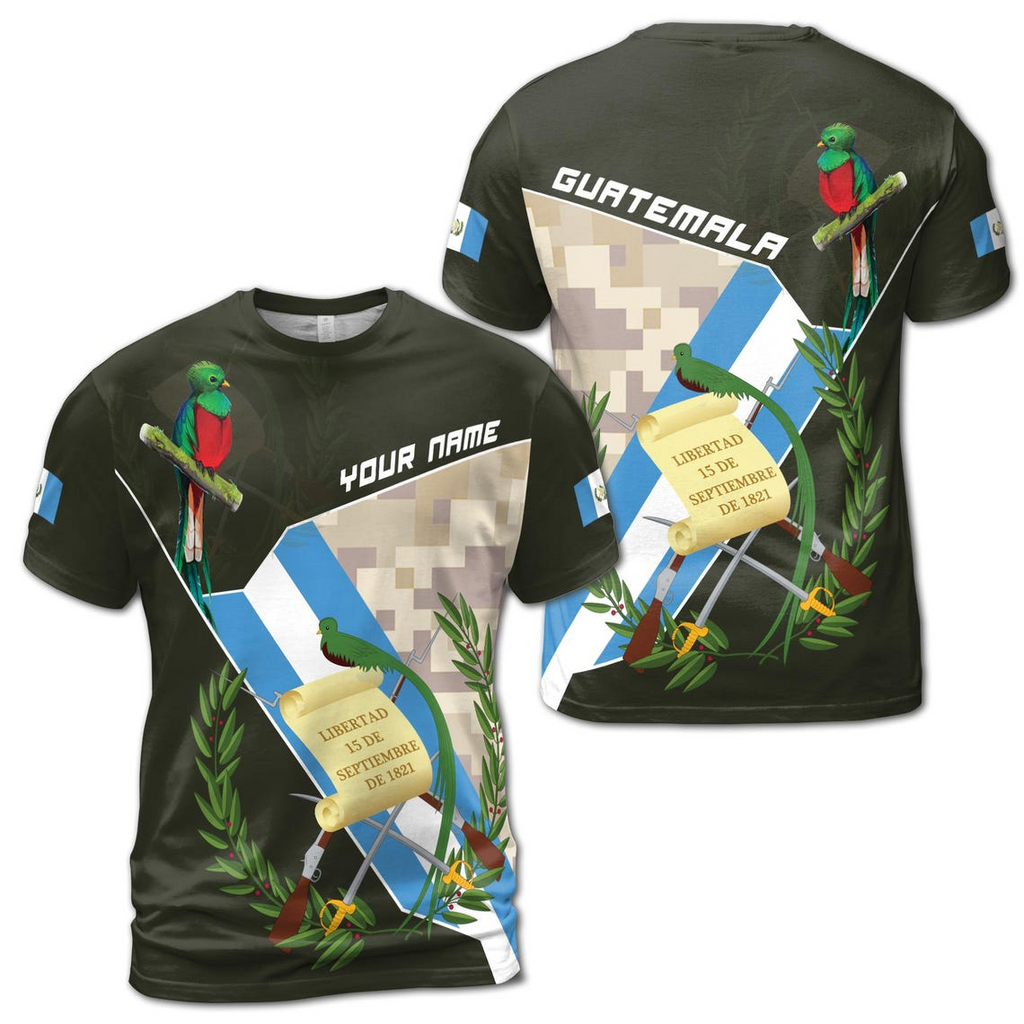 Custom Name Guatemala Flag and Parrot Design T-Shirt Olive Green Color, Unisex 3D T-Shirt S-5XL