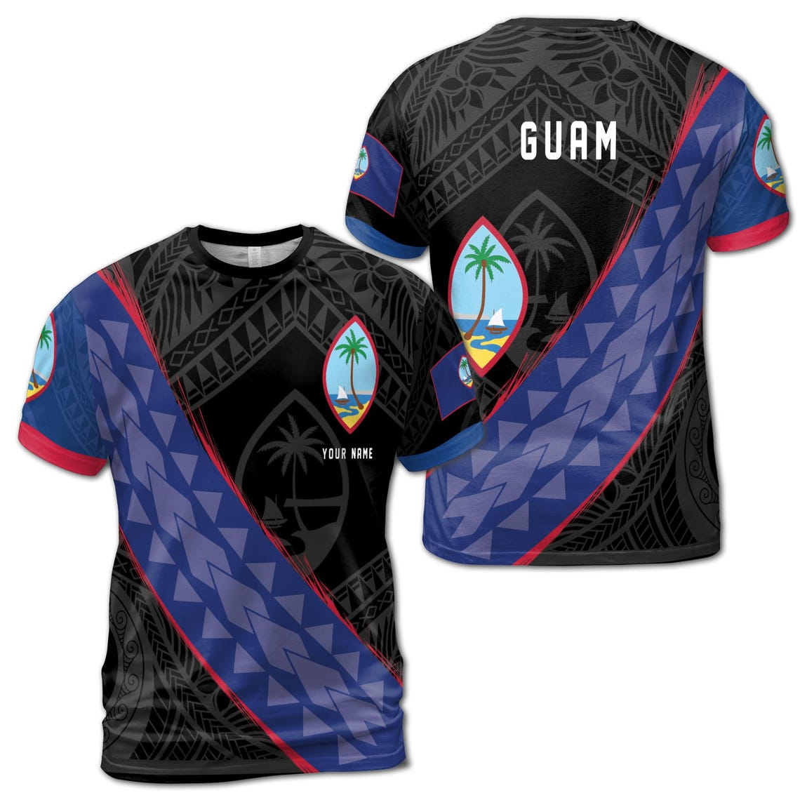 Custom Name Guam Flag with Unique Tribal Tattoo Patterns Unisex 3D T-Shirt (S-5XL)