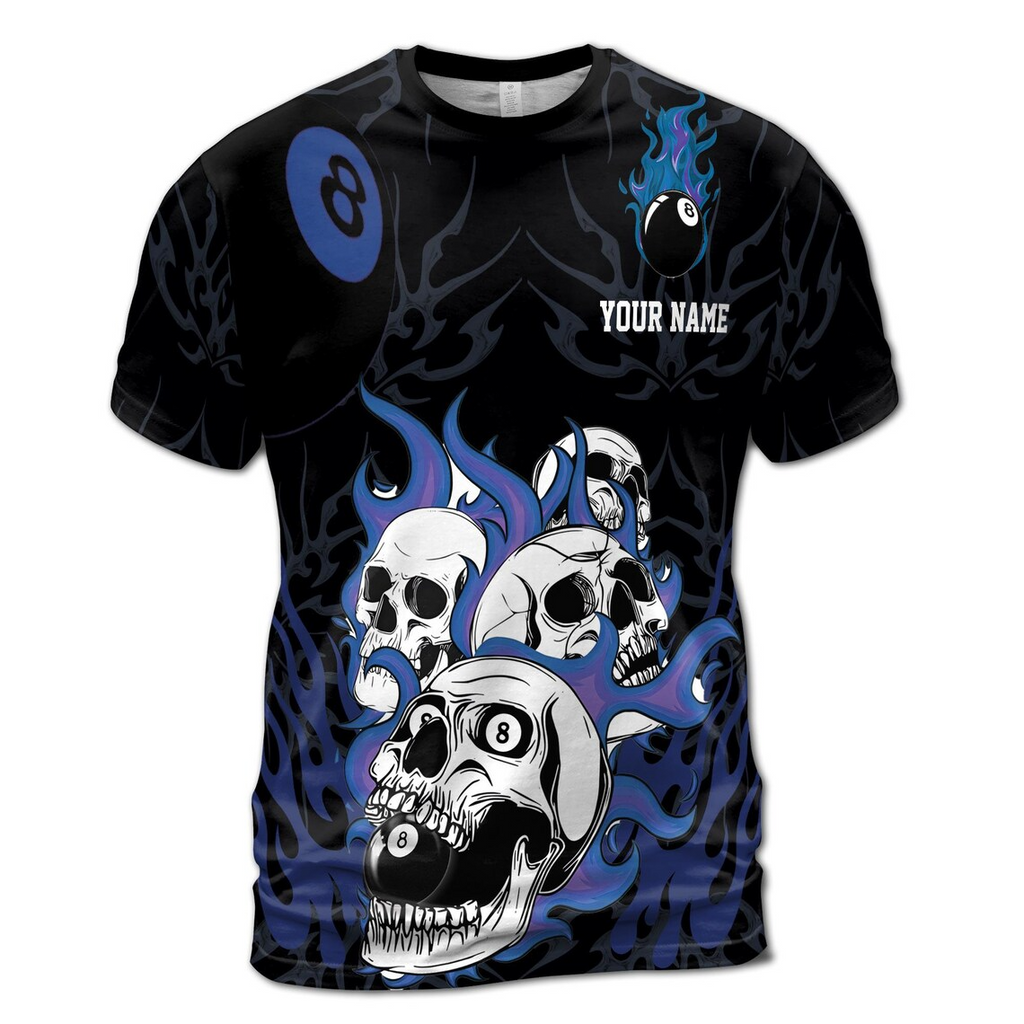 Custom Name Billiard Skull Loves Pool Balls Spinning Men's 3D T-Shirt S-5XL