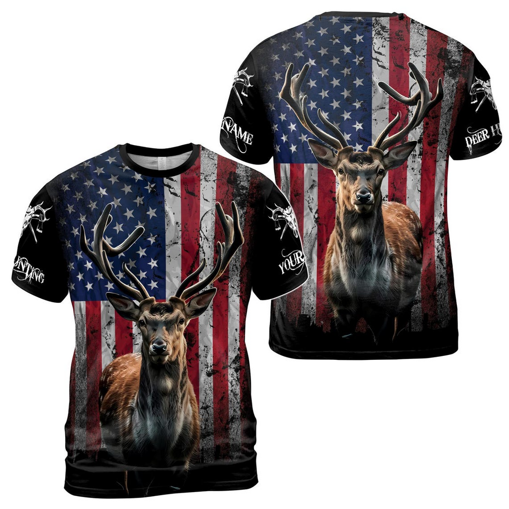 Custom Name Hunting Deer American Patriotic Unisex 3D T-Shirt S-5XL