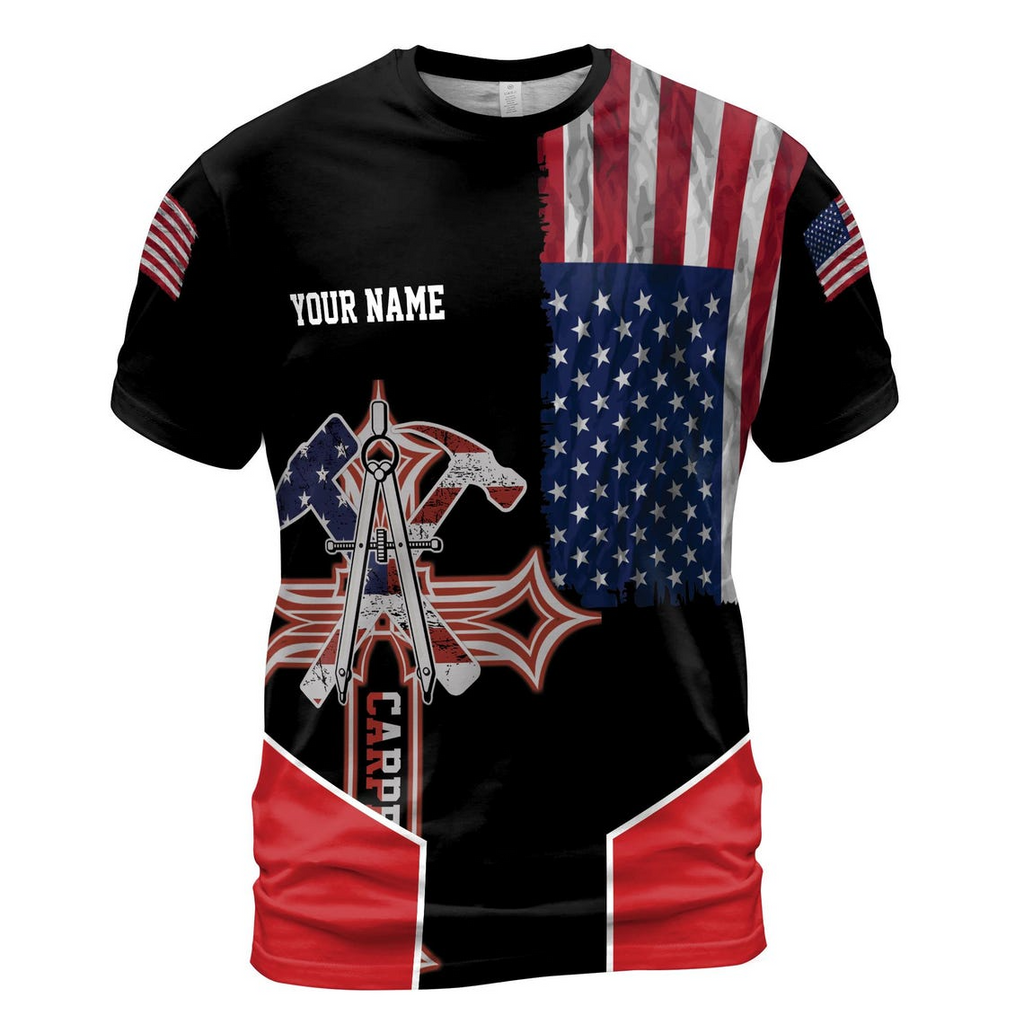 Custom Name Carpenter Hammer Pliers American Flag Unisex 3D T-Shirt S-5XL