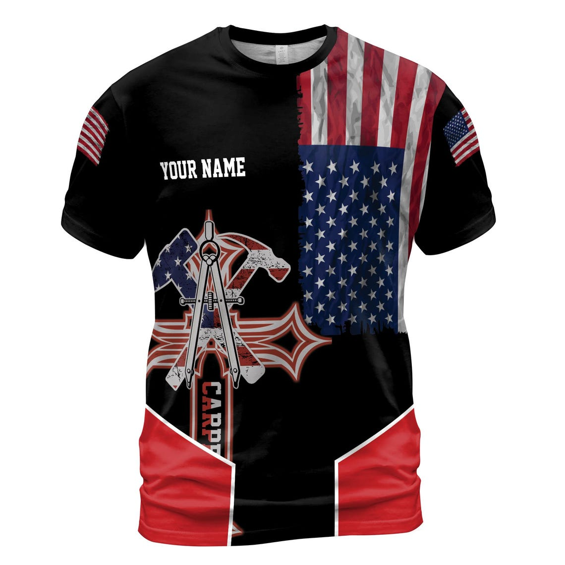 Custom Name Carpenter Hammer Pliers American Flag Unisex 3D T-Shirt S-5XL