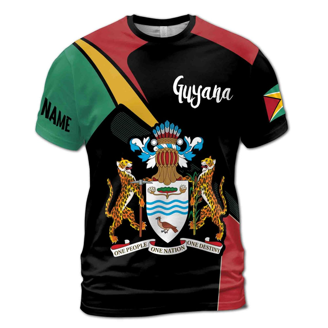 Custom Name Guyana Coat of Arms and Flag Unisex 3D T-Shirt S-5XL