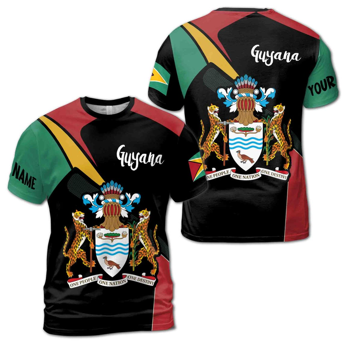 Custom Name Guyana Coat of Arms and Flag Unisex 3D T-Shirt S-5XL