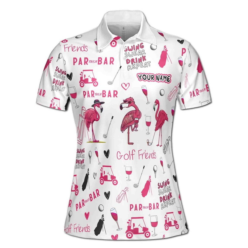 Custom Name Funny Flamingo Plays Golf Par Then Bar Women's Polo (S-5XL)