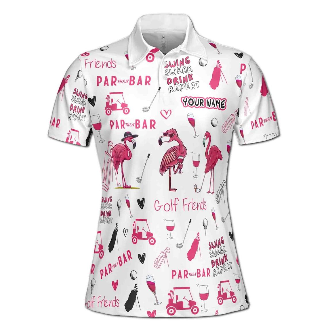Custom Name Funny Flamingo Plays Golf Par Then Bar Women's Polo (S-5XL)