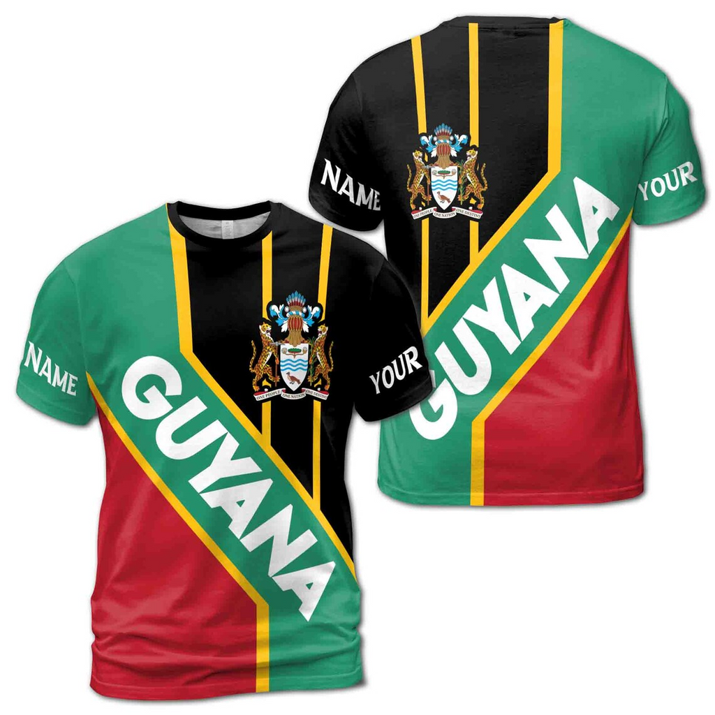 Custom Name Guyana Coat of Arms Patriotic Unisex 3D T-Shirt S-5XL