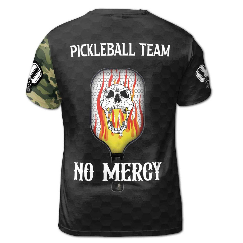 Personalized Name No Mercy Skull Pickleball Camo Pattern 3D T-Shirt S-5XL