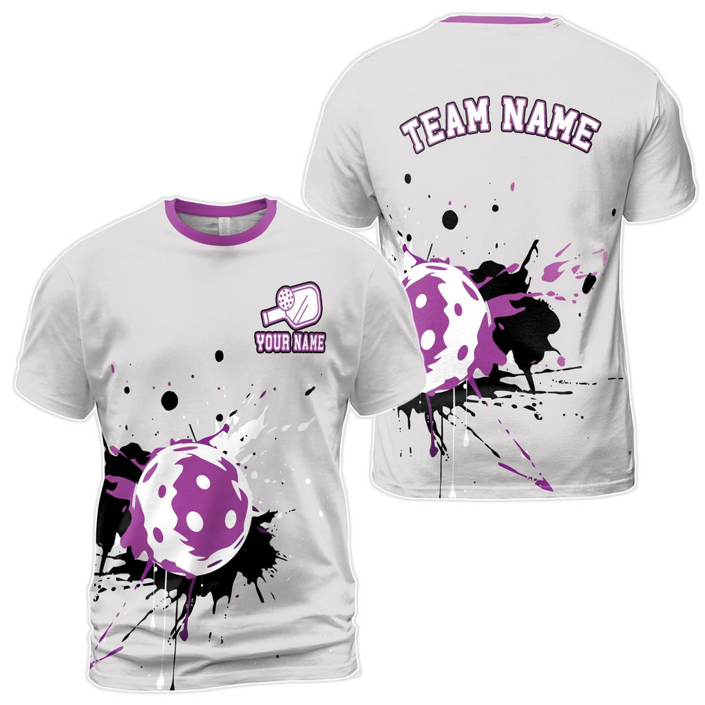 Customized Name Purple Grey Spatter Color Pickleball Men's 3D T-Shirt S-5XL