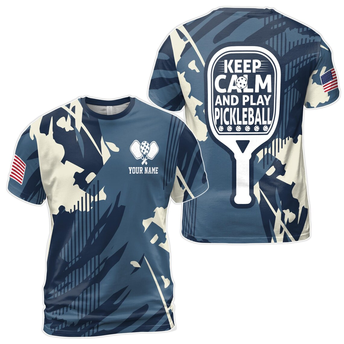 Custom Name America Camo Blue Keep Calm And Play Pickleball Men's 3D T-Shirt S-5XL