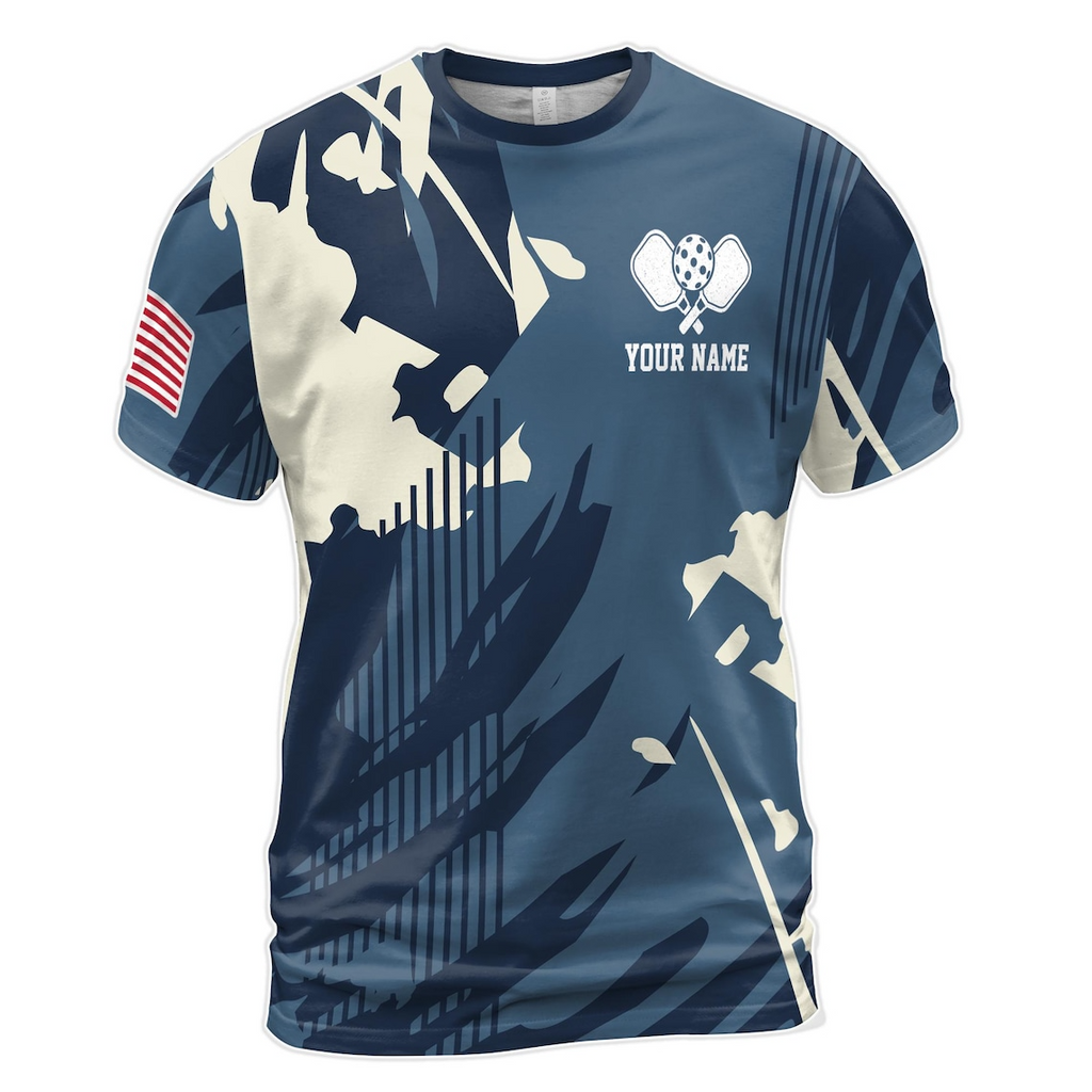 Custom Name America Camo Blue Keep Calm And Play Pickleball Men's 3D T-Shirt S-5XL