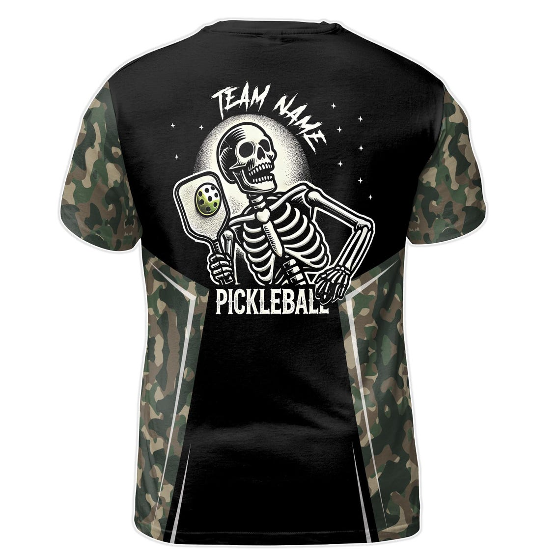 Personalized Name Camo Pattern Skull Plays Pickleball Men's 3D T-Shirt S-5XL