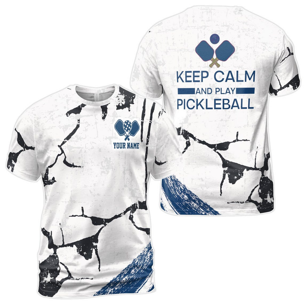 Custom Name Keep Calm And Play Pickleball Blue Men's 3D T-Shirt S-5XL