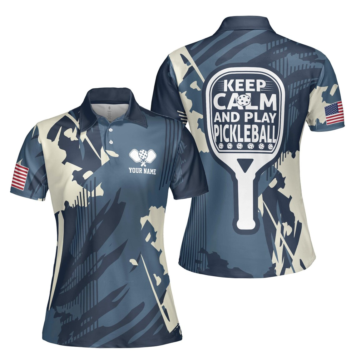 Custom Name America Camo Pattern Keep Calm And Play Pickleball Women's Polo Shirt (S-5XL)